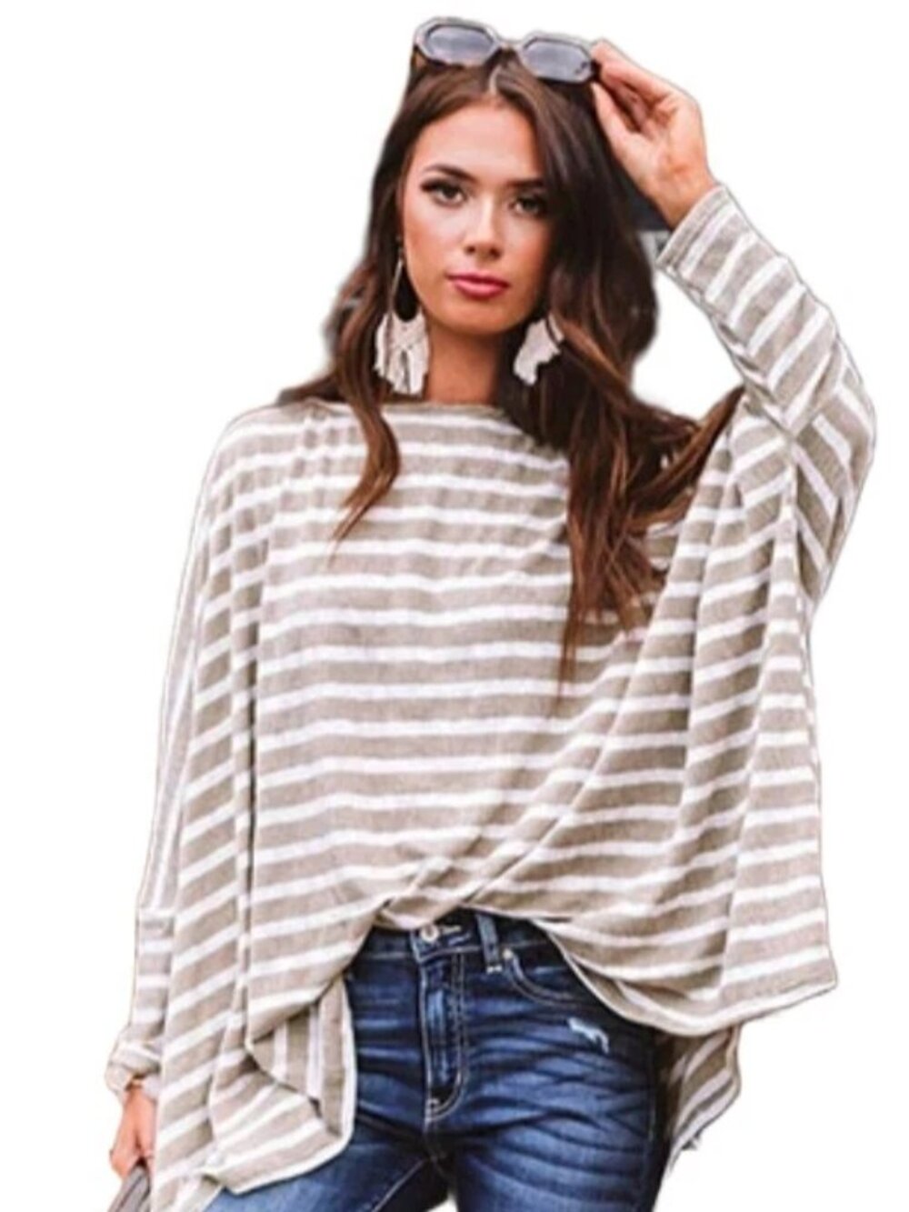 E23 Easel Tan and White Oversized Stripe Top Plus Size